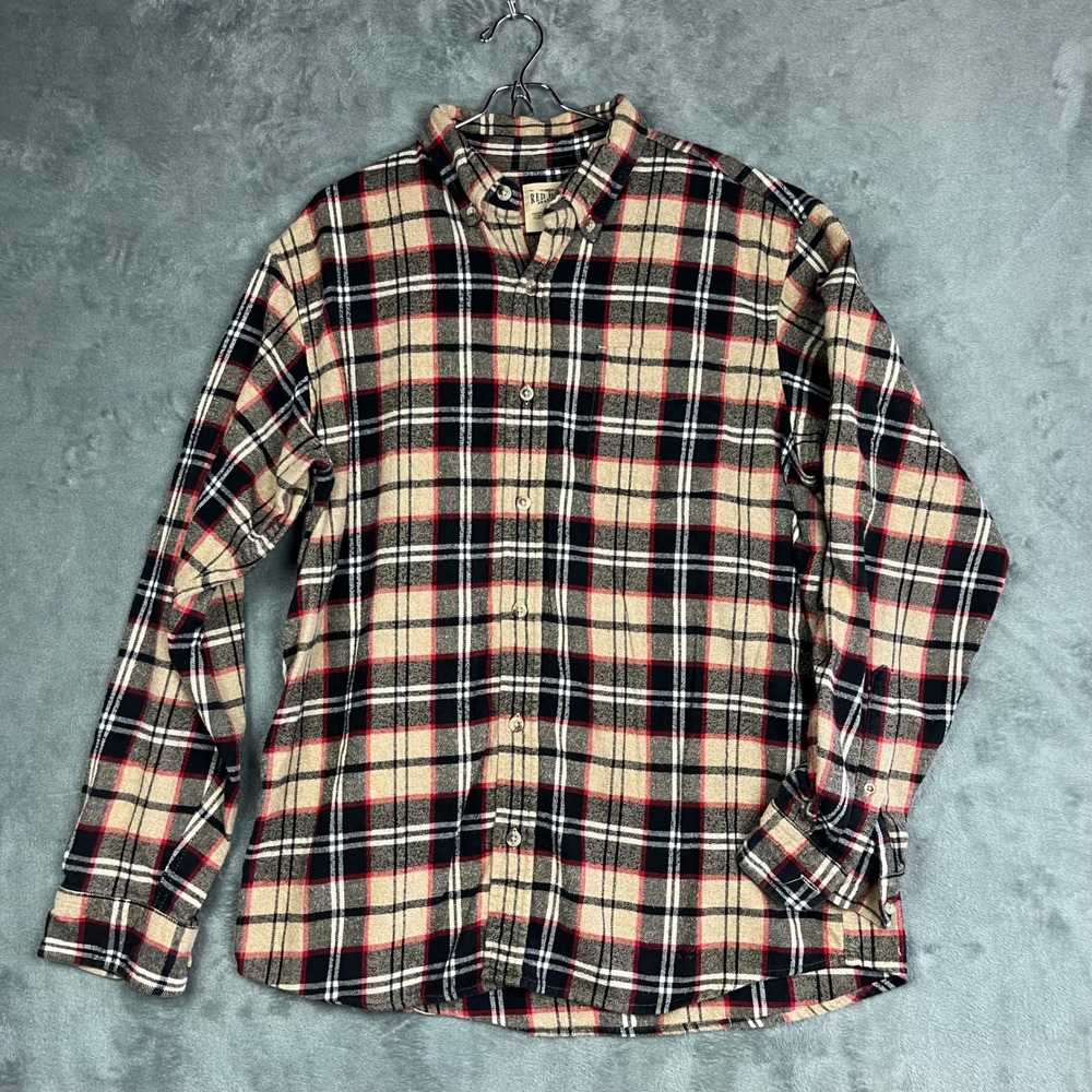 Red Head Brand Shirt Mens Large Plaid Flannel Tan Black Red 100% Cotton Large